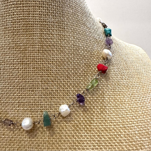 Sterling Silver 925 & Multi-color Genuine Gemstone & Pearl Necklace amethyst - Picture 5 of 8